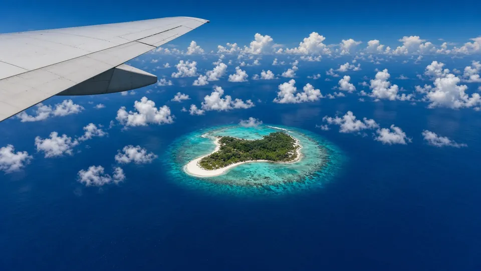 A view from an airliner window: the wing over the ocean and, below, a small coral island ringed by a turquoise reef