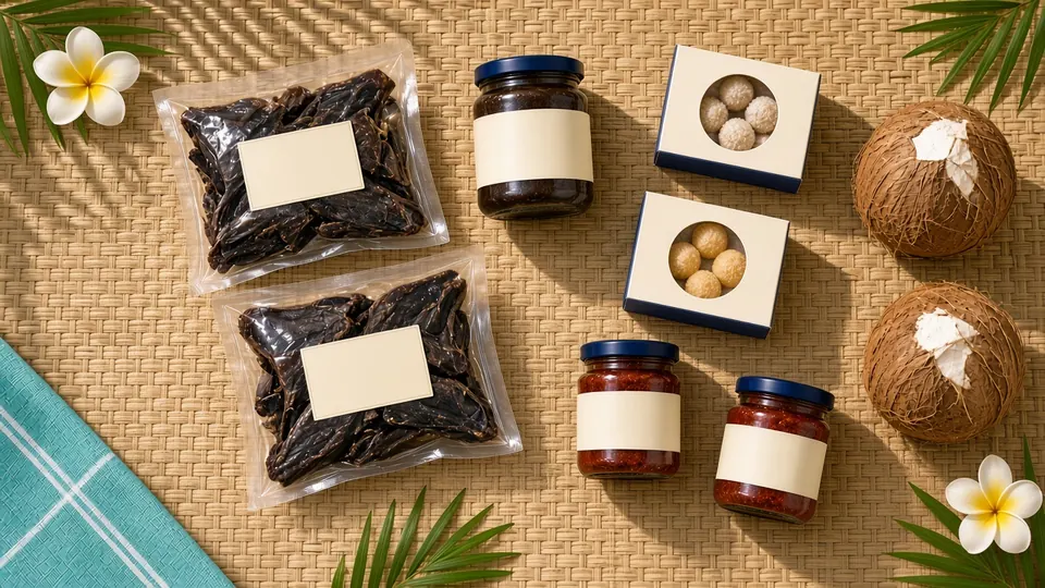Versiegelte Packungen getrockneter Thunfisch, Gläser mit Thunfischpaste und Chili, verpackte Kokos-Süßigkeiten und Kokosnüsse auf einer geflochtenen Matte