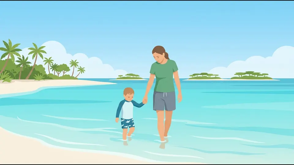 Illustration of a child in a rash vest paddling in a shallow lagoon with a parent