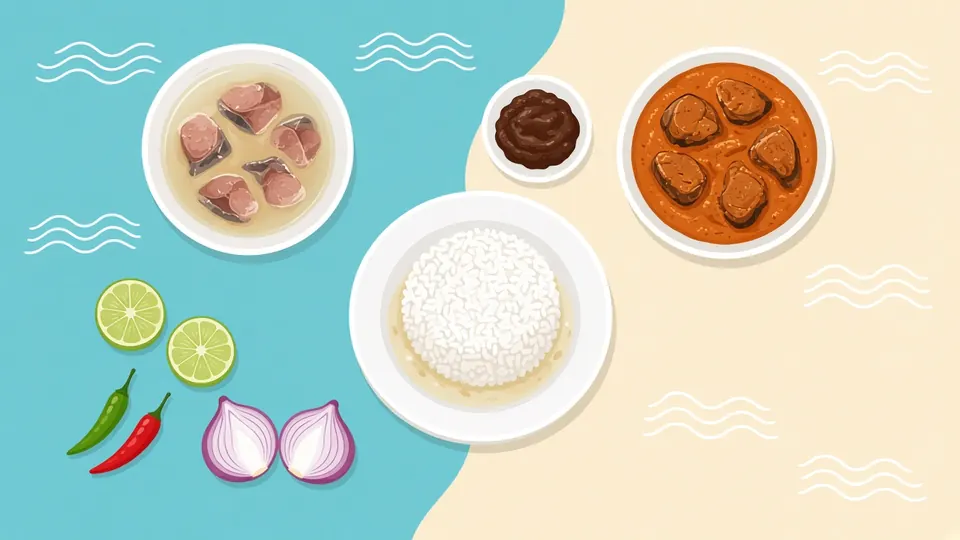 A bowl of clear tuna broth with pieces of fish, a plate of rice, a small dish of dark rihaakuru, a fish curry, limes, chillies and red onion