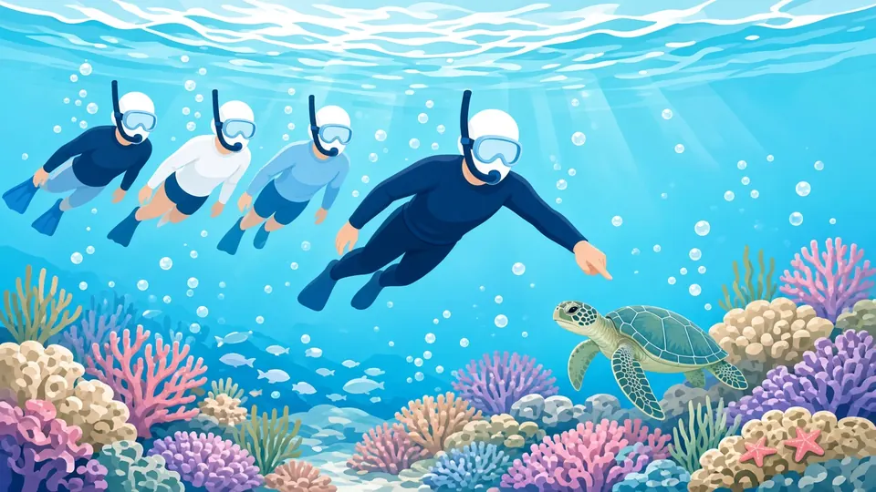 Una guida in muta indica una tartaruga a tre persone che fanno snorkeling sopra una barriera corallina