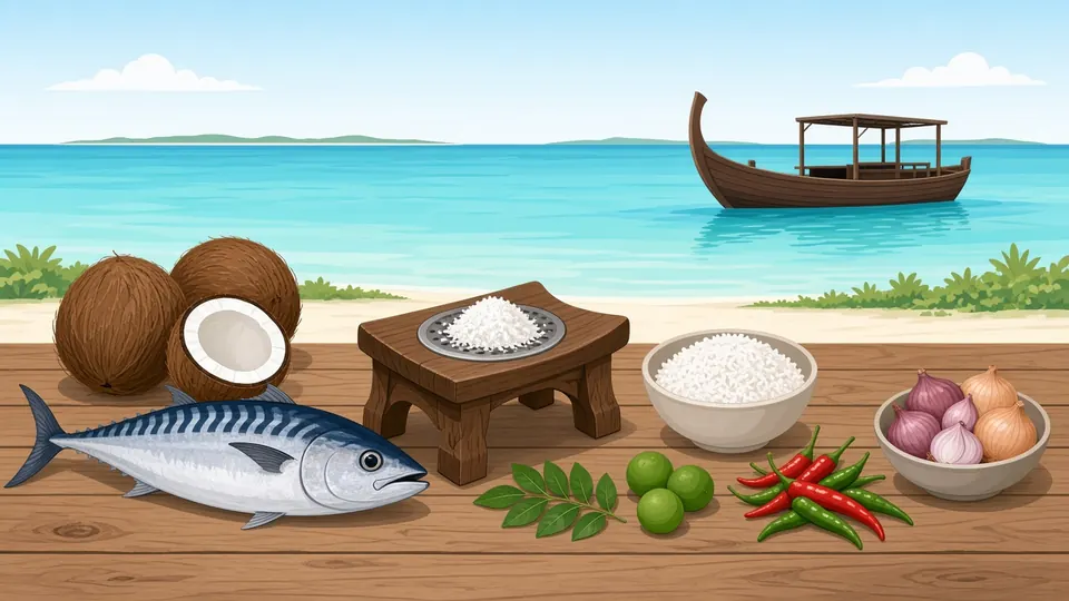 Maldivian staples on a wooden table: a whole tuna, coconuts, grated coconut on a traditional grater stool, rice, onions, limes, chillies and curry leaves, with a dhoni boat in the lagoon