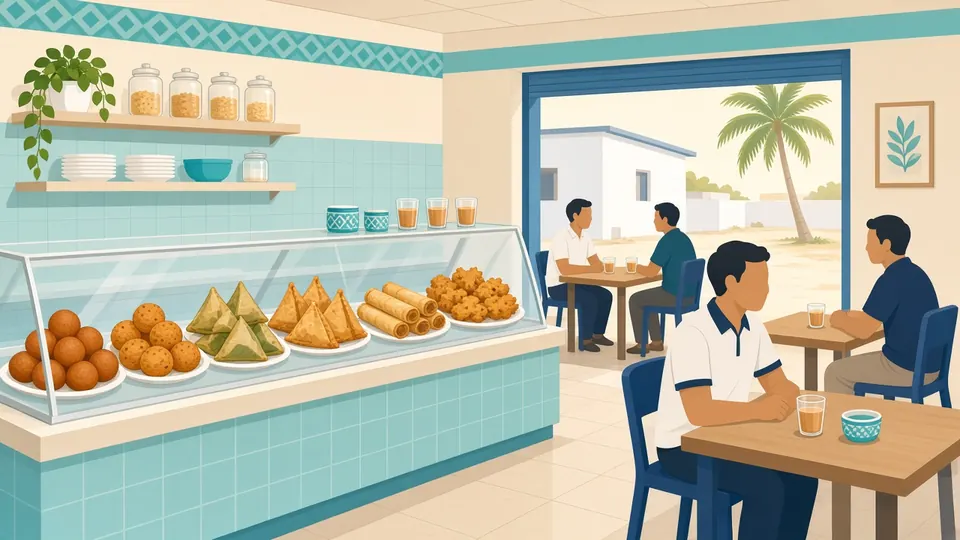 A bright local teashop with a glass counter of fried short eats and people sitting at tables with tea