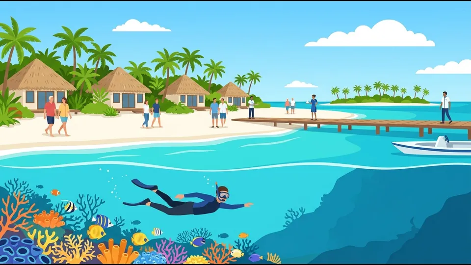 Illustration of a snorkeller swimming over a colourful house reef just off a palm-fringed beach