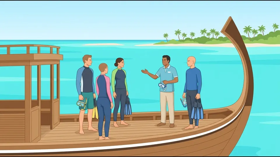 Illustration of a Maldivian guide briefing snorkellers in rash vests on the deck of a dhoni