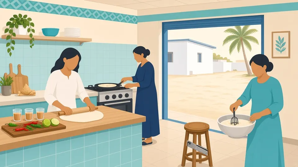 Three women in a bright Maldivian home kitchen rolling out roshi dough, cooking roshi in a flat pan and mixing in a large bowl, with chillies and limes on the counter