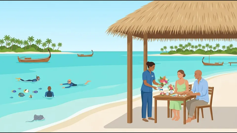 Illustration of a wedding coordinator showing a couple flower and decoration choices at a beach pavilion