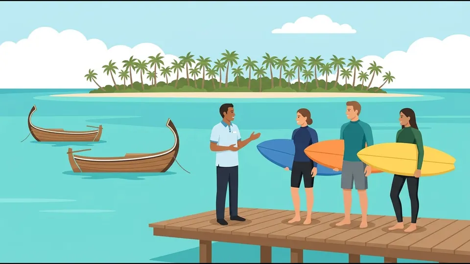 Illustration of a Maldivian surf guide briefing three guests holding surfboards on a resort jetty