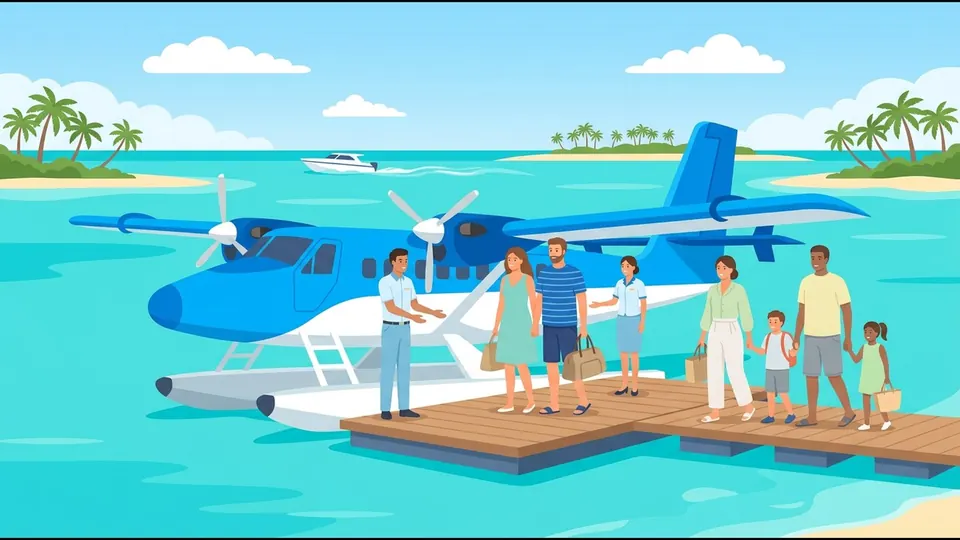 ラグーンのプラットフォームで水上飛行機に乗り込むゲストと、遠くを走るスピードボートのイラスト