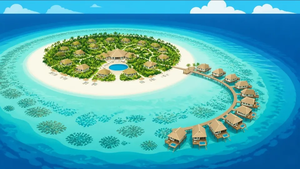 Illustration of a round resort island from above, with beach villas, palms and overwater villas over a turquoise lagoon