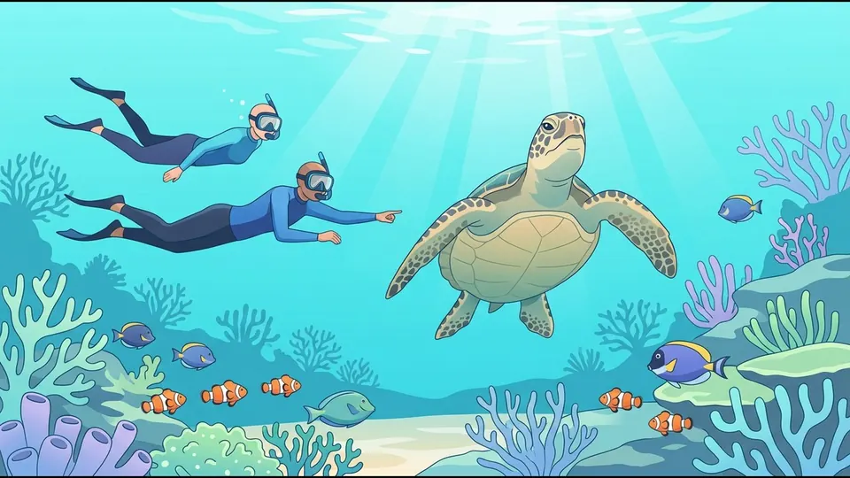Illustration of a turtle rising to breathe while snorkellers keep well to the side