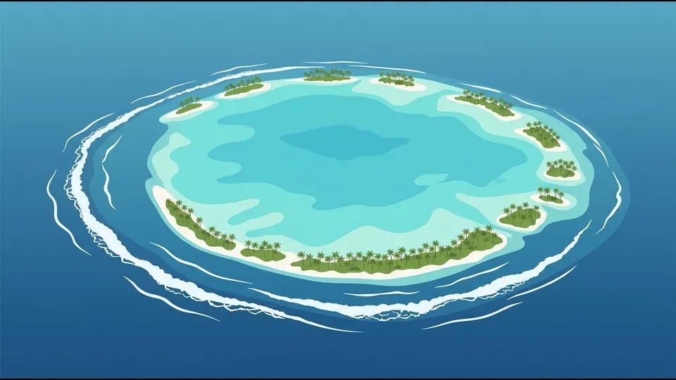 Illustration of an atoll from high above, with swell breaking on the outer reef around a calm lagoon