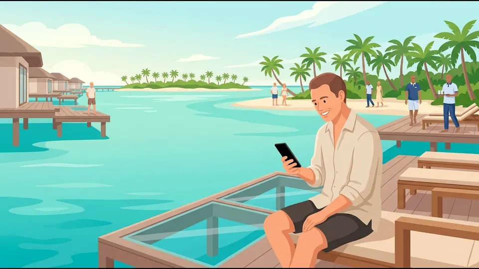 Illustration of a traveller using a smartphone on an overwater villa deck above a turquoise lagoon