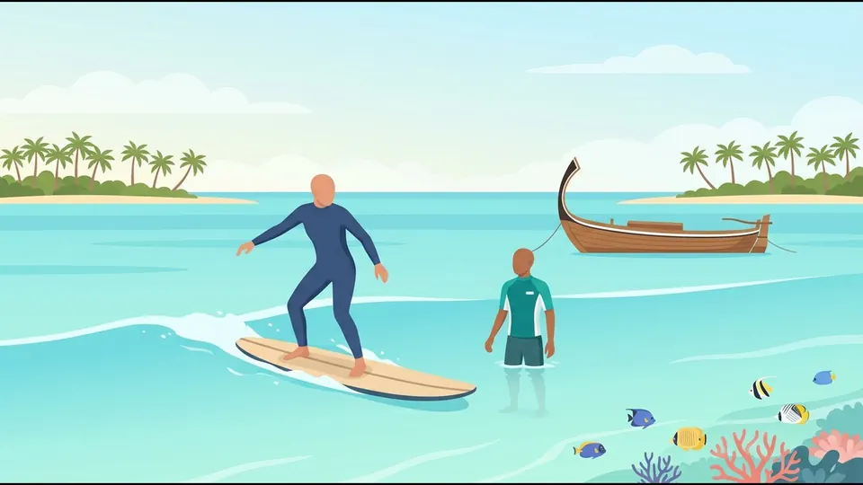Illustration of a beginner standing up on a soft-top board on a small wave, with a coach nearby
