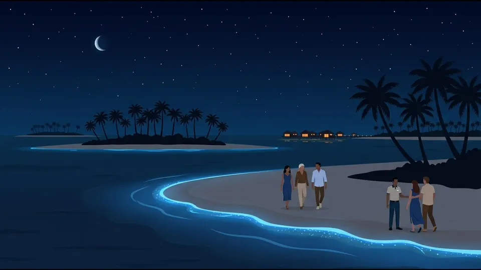 Illustration of guests walking along a dark beach at night beside a glowing blue waterline, villa lights in the distance