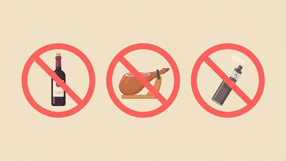 Illustration of three crossed-out icons: a wine bottle, a ham and a vape pen