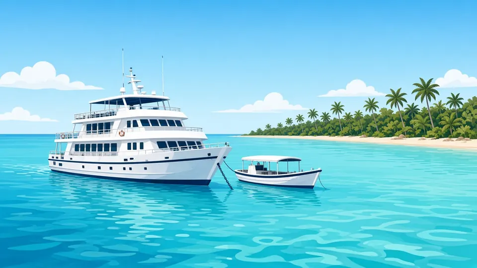 Un bateau de croisière plongée blanc ancré dans un lagon turquoise calme près d’une île couverte de palmiers, avec une petite annexe à côté