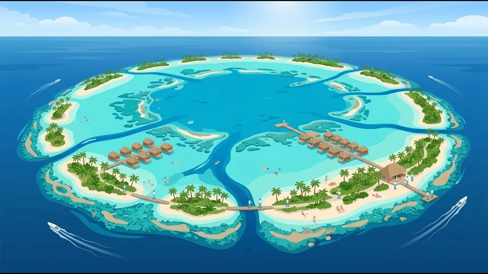 Ilustración de un atolón en forma de anillo visto desde muy alto, con diminutas islas de palmeras alrededor de una laguna turquesa