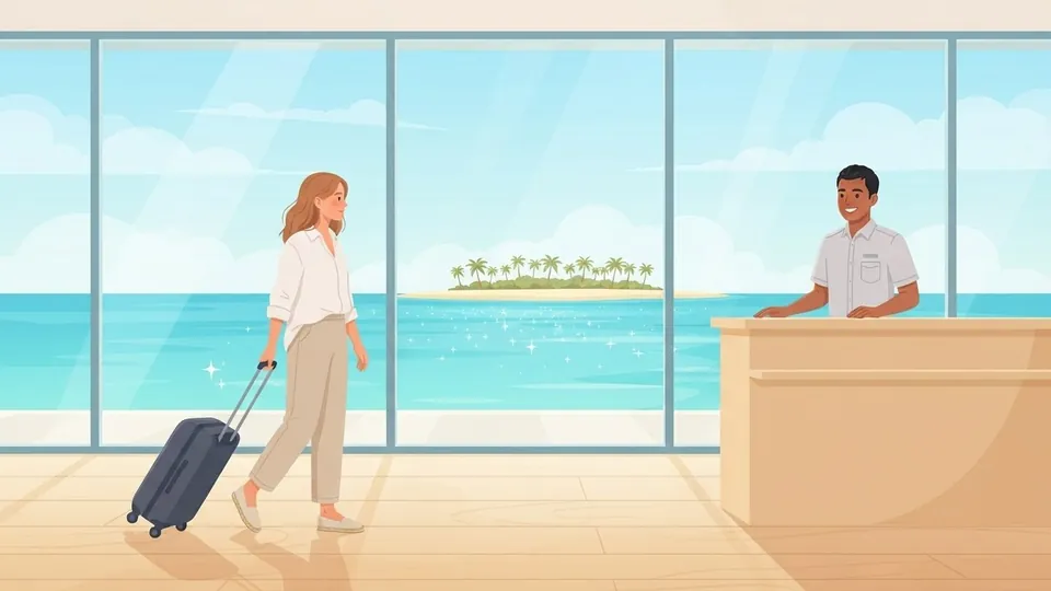 Illustration of a traveller wheeling a suitcase through a bright customs hall past a Maldivian officer