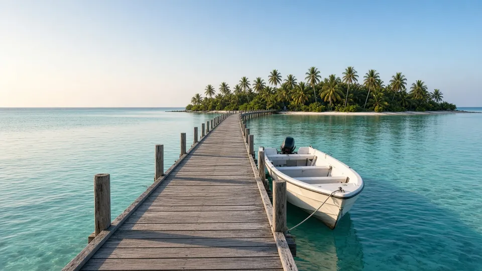 A long wooden jetty across a turquoise lagoon to a palm-fringed island, with a small white motorboat moored alongside