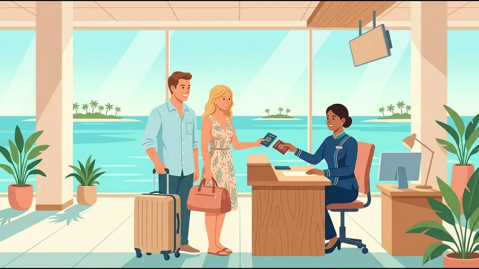 Illustration of a traveller couple handing their passports to a Maldivian immigration officer at a bright airport counter