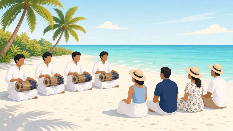 Illustration von Bodu-Beru-Trommlern in Weiß, die am Strand auftreten, während Gäste mit Hüten im Sand sitzen und zuschauen