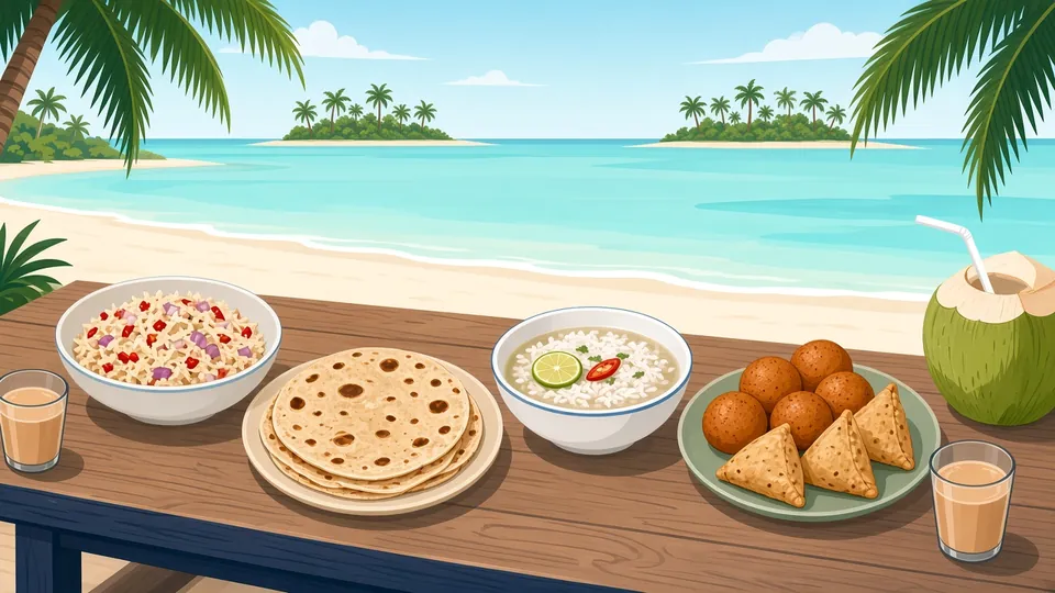 Illustration of a beachside table with mas huni, roshi flatbreads, fish broth, fried short eats, a young coconut and glasses of tea, with the lagoon behind