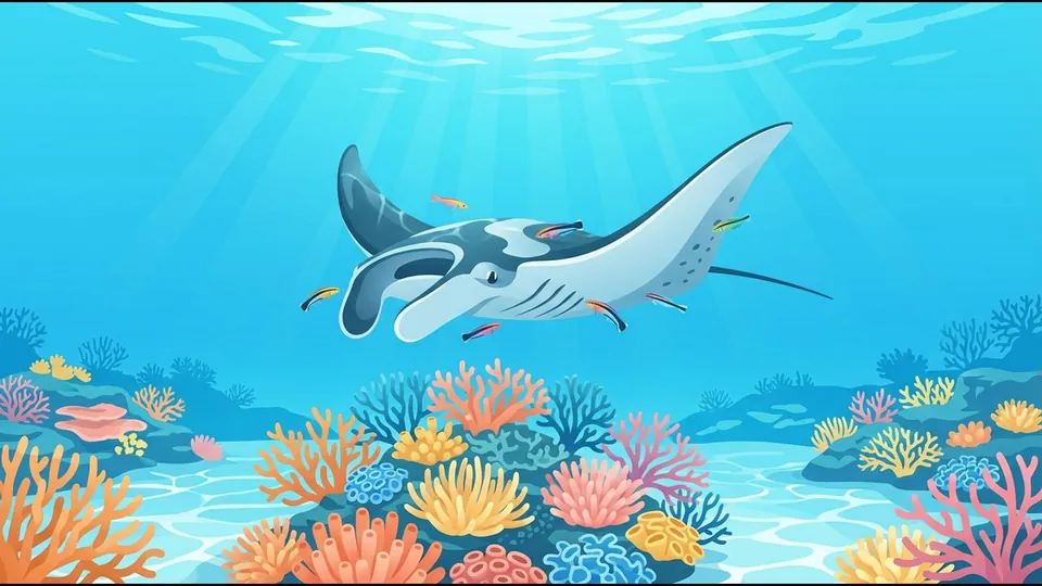 Illustration of a manta ray gliding over a coral cleaning station with small cleaner fish