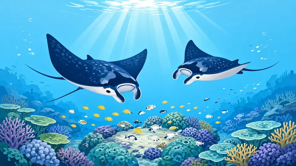 Two manta rays gliding over a coral reef in sunbeams, with small reef fish below