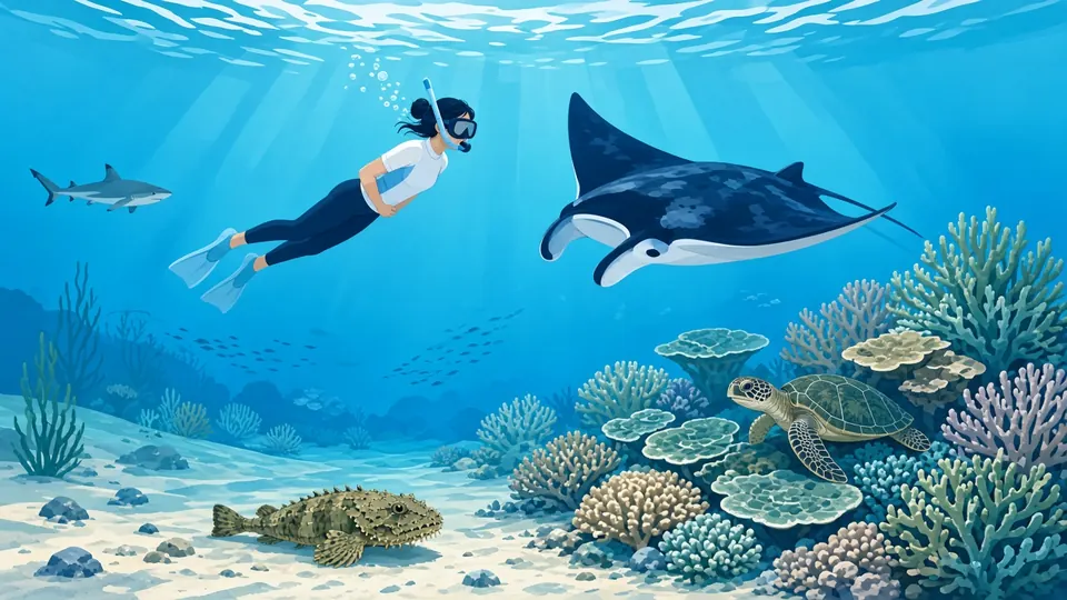 Ein Schnorchler beobachtet aus respektvollem Abstand einen Mantarochen, eine Schildkröte, einen Riffhai und einen Steinfisch