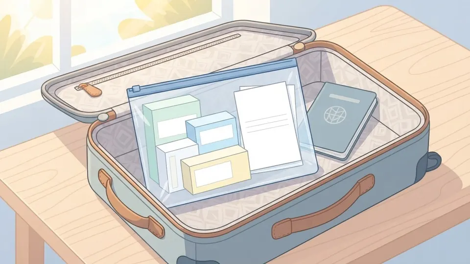 Illustration of a hand-luggage pouch holding medicine boxes and a folded prescription