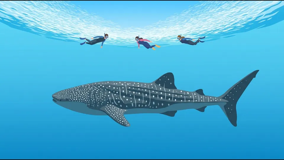 Illustration of a whale shark swimming far below three snorkellers at the surface