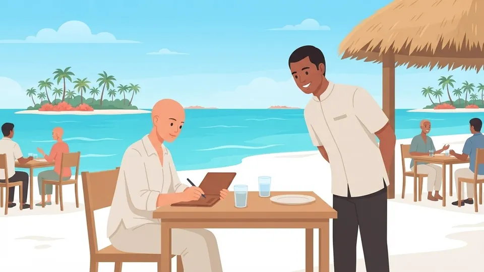Illustration of a guest signing a bill folder at a beachside restaurant beside a smiling waiter in uniform