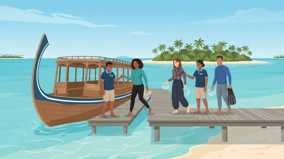 Illustration of boat crew helping guests off a dhoni onto a jetty after a snorkel trip