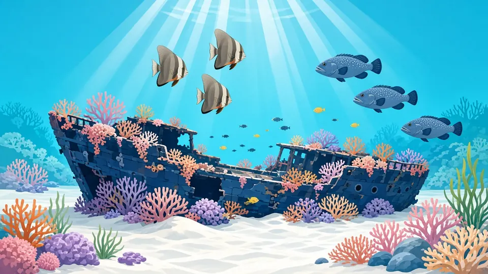 A coral-covered shipwreck on white sand with batfish, groupers and colourful soft corals in sunbeams
