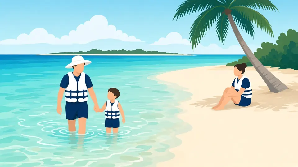 Ein Elternteil und ein Kind mit Schwimmwesten stehen im flachen Lagunenwasser, ein anderer Elternteil schaut vom Strand unter einer Palme zu