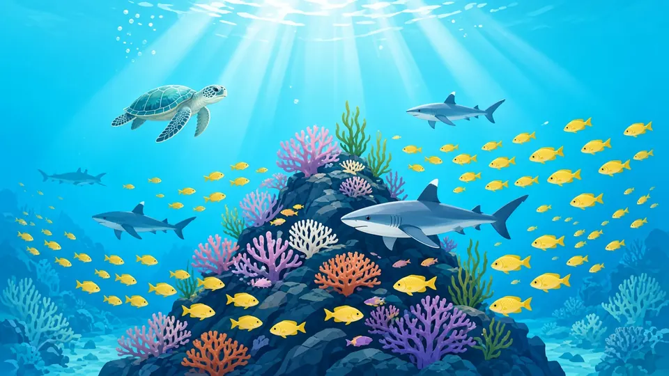 A coral pinnacle covered in soft corals with reef sharks, a turtle and a school of yellow snapper