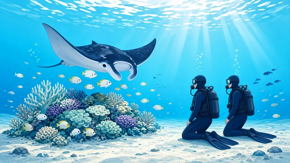 A manta ray gliding over a coral cleaning station while two divers in wetsuits kneel on the sand at a respectful distance