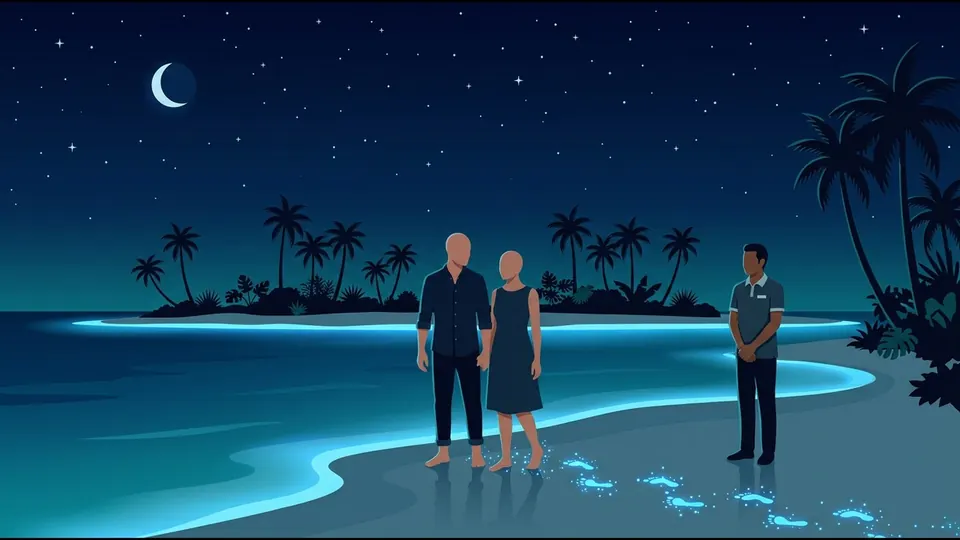 Illustration of a couple standing barefoot at the water’s edge at night, their footprints sparkling blue