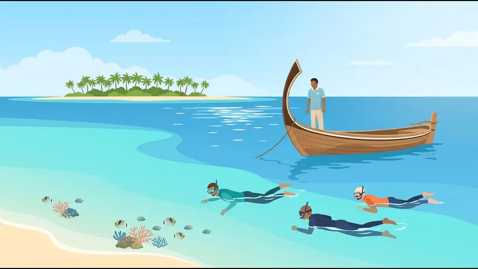 Illustration of a dhoni waiting on calm sea while snorkellers search near the surface