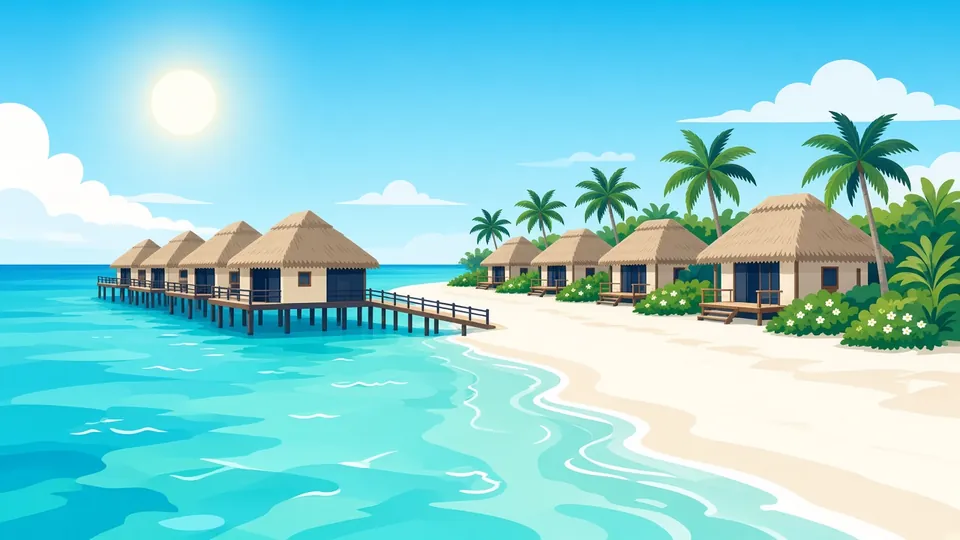 Illustration of thatched overwater villas on a jetty over a turquoise lagoon beside beach villas among palms on a white beach