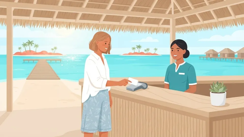 Illustration of a guest paying by card at a resort reception desk