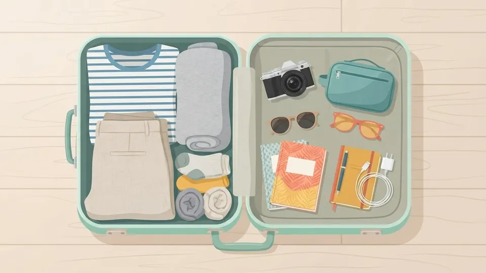 Illustration of an open suitcase packed with clothes, a camera, toiletries and books