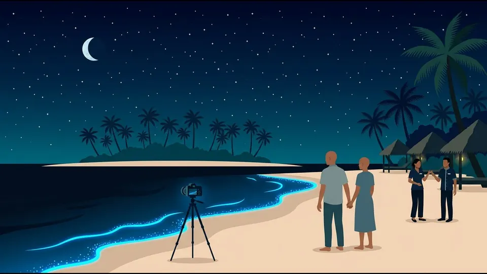 Illustration of a camera on a tripod on the sand at night, pointed at small glowing blue waves