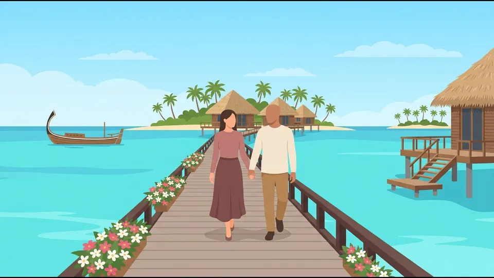 Illustration of a couple walking hand in hand along a flower-decorated jetty over the lagoon