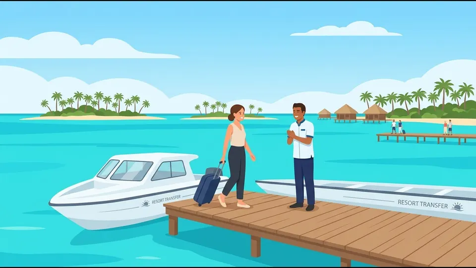 Ilustrace sólo cestovatele, kterého na letištním molu vítá zástupce resortu