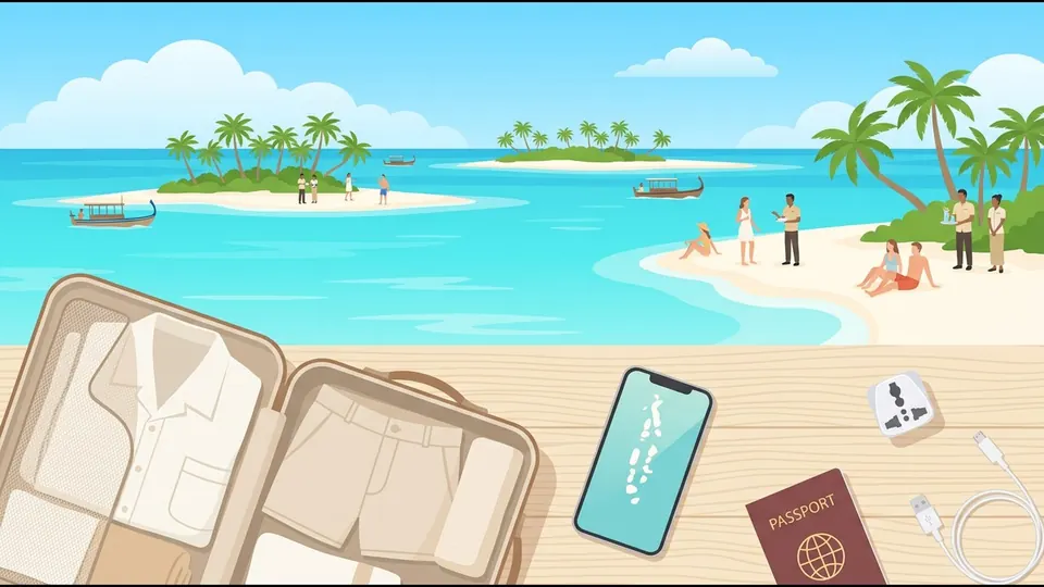 Illustration of a phone, passport, plug adapter and cable beside an open suitcase