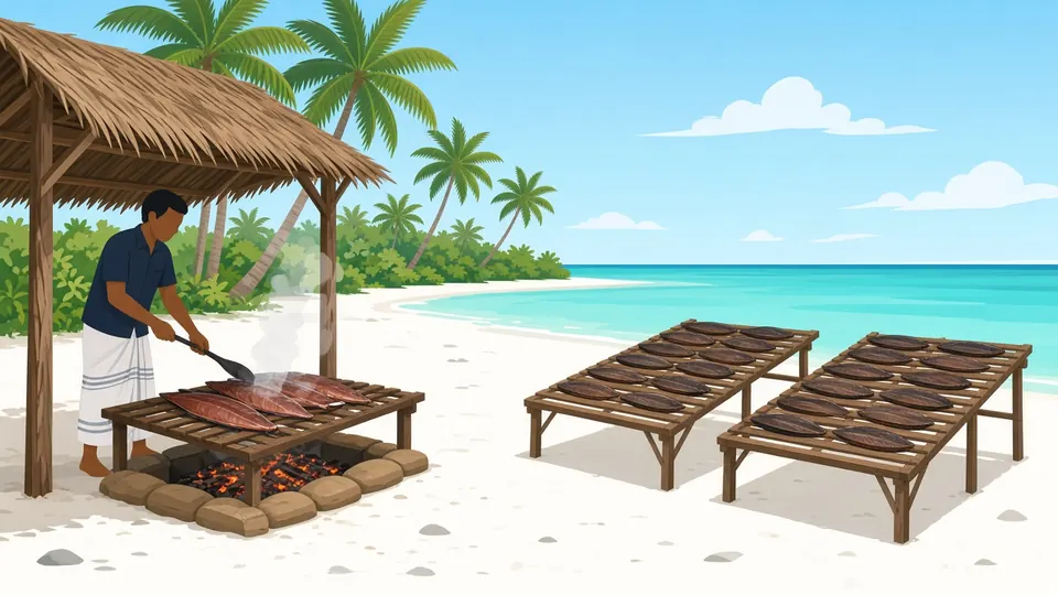 A man smoking tuna on a grill over a wood fire under a thatched shelter on the beach, with dark pieces of dried tuna laid out on raised wooden racks in the sun