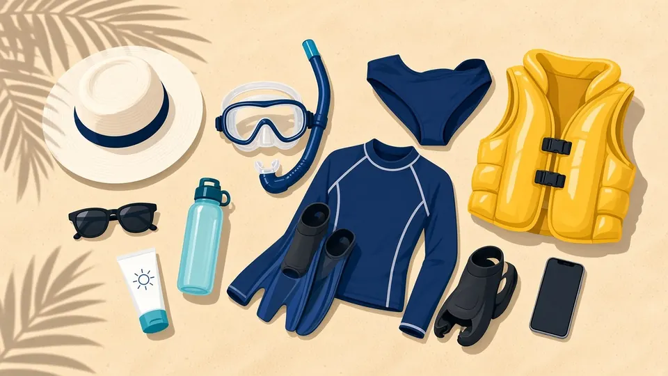 Ausrüstung für den Strand: Sonnenhut, Maske und Schnorchel, Rashguard, Flossen, Schwimmweste, Sonnenbrille, Sonnencreme und Wasserflasche
