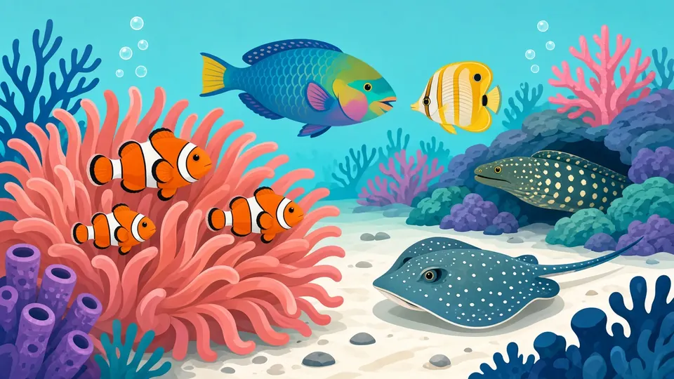 Clownfish in a pink anemone with a parrotfish, butterflyfish, a moray eel and a stingray nearby